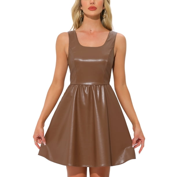 Vestido de tanque INSPIRE CHIC para mujer, sin mangas de cuero sintético, vestido mini en línea A, talla XS, marrón oscuro
