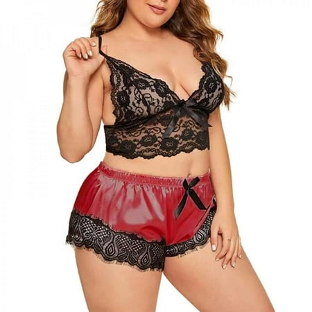 

Wisremt Pajamas Set Of Summer Women s Sexy Lace Underwear Satin Shorts Sleep Clothes Suspenders+Shorts Pajamas Suit Red L