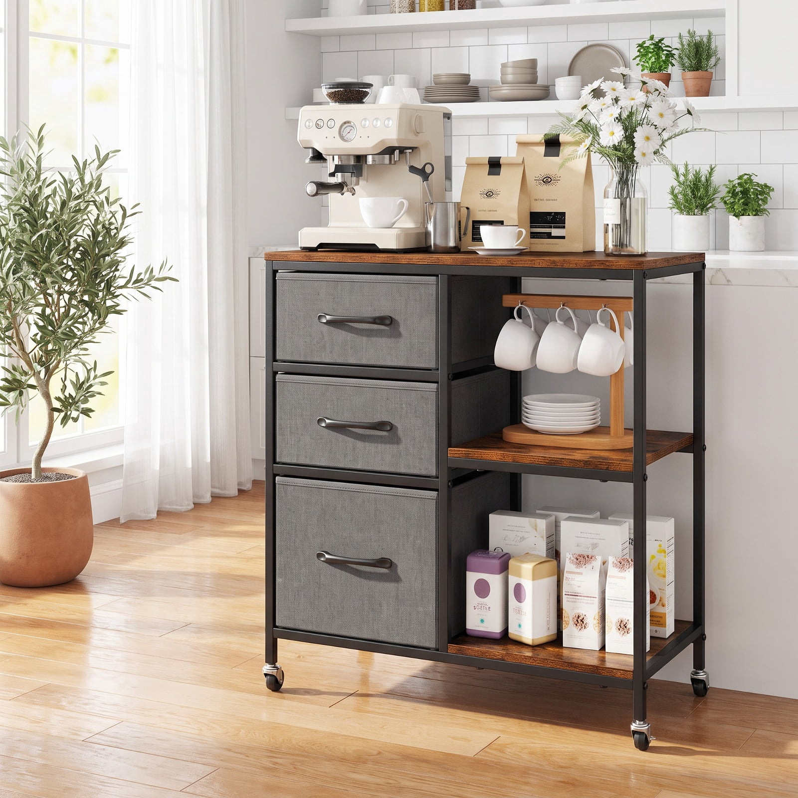 Furnibear 3 Drawer Mobile File Cabinet with Charging Station Rolling Printer Stand with Open Storage Shelves for Home Office Filing Document, Brown