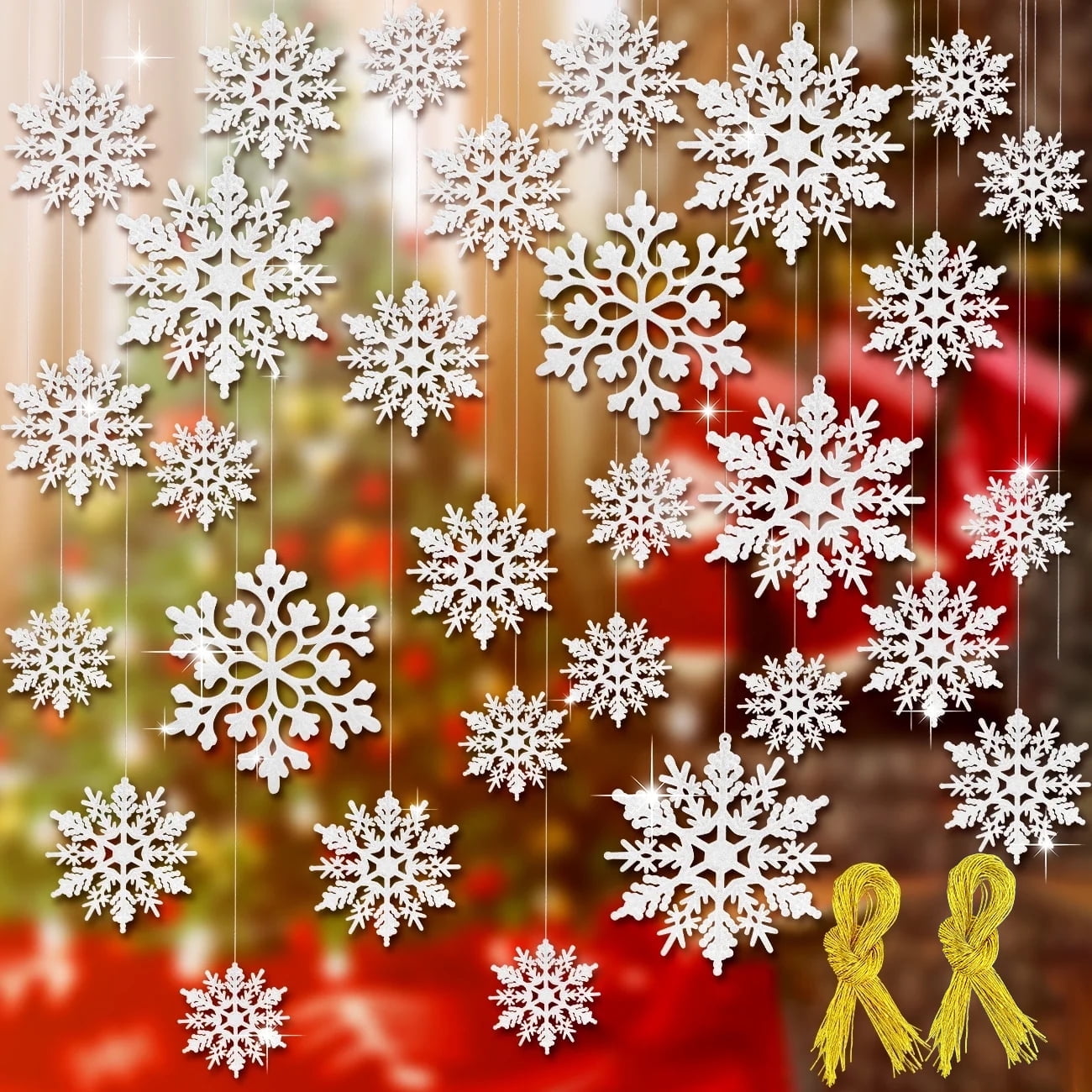 Ayieyill 46 Pcs White Glitter Snowflake Ornaments Various Size Plastic Winter Snowflakes Ornaments Christmas Tree Decorations with Gold Rope for Winter Decorations Tree Window Door Accessories