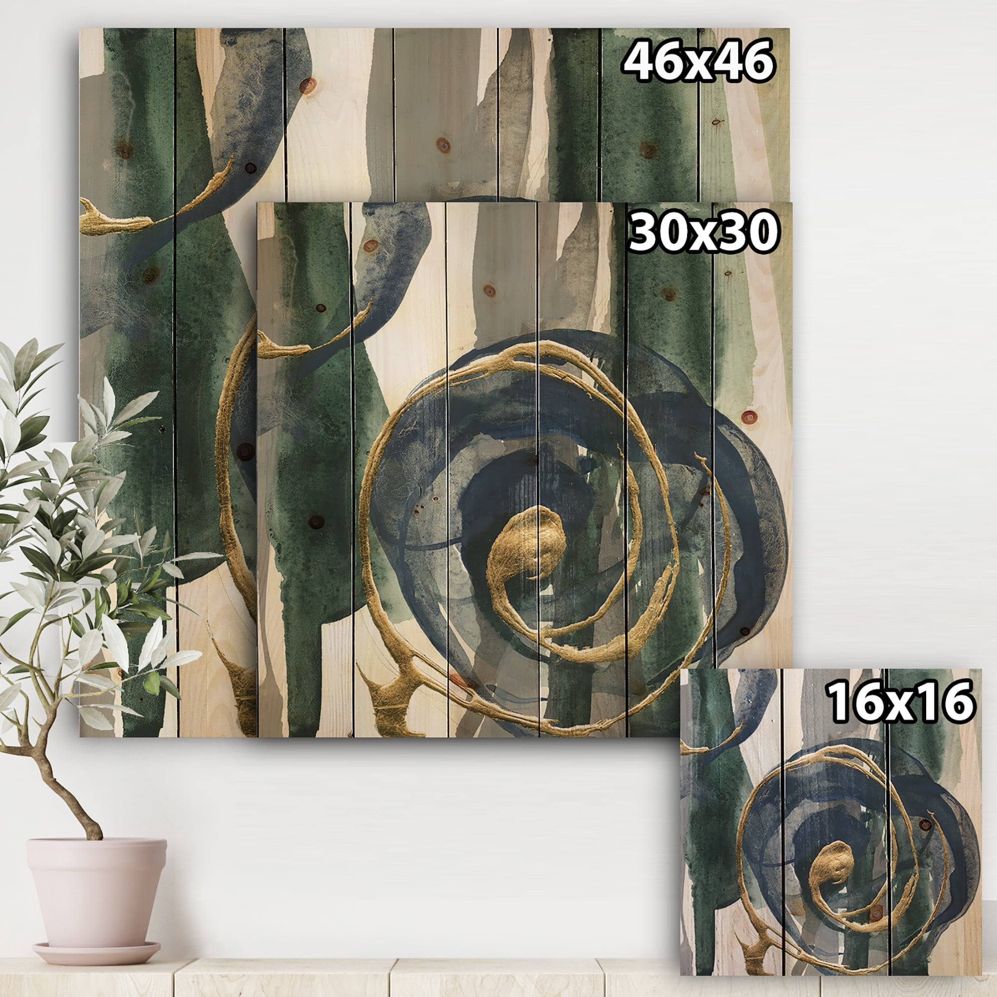 Designart 'Mettalic Indigo and Gold I' Posh & Luxe Print on Natural Pine Wood