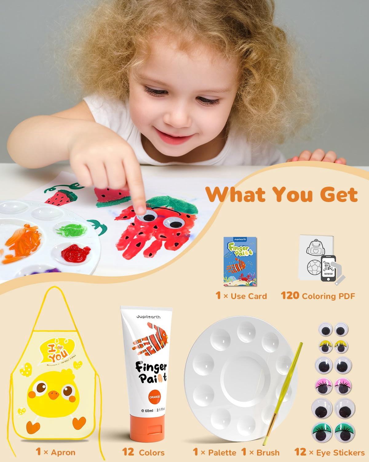 Jupitearth 28 PCS 60ml Finger and Washable Paint,Non-Toxic 12Vibrant Colors,Palette,Apron,Brush,Eye Stickers,Paints for Hand and Feet,Art Supplies