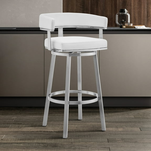 Armen Living Cohen26" White Faux Leather and Brushed Stainless Steel Swivel Bar Stool