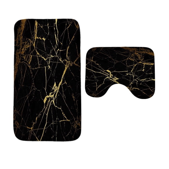 WEXIA Set of 2 Pcs Soft Memory Foam Bath Rugs Black Gold Marbling Toilet Mats Non-Slip Water Absorbent Bathroom Floor Mats Machine Washable