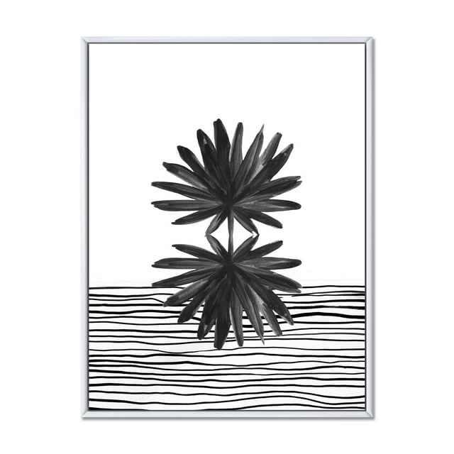 Designart Feuille tropicale noire et blanche sur rayures II ART MURAL À CADRE FLOTTÉ