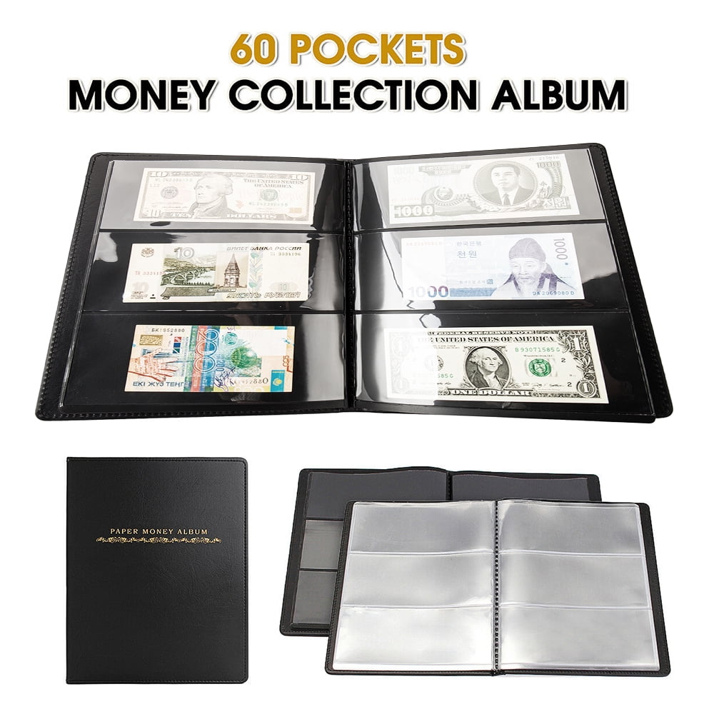 60 Pocket Album Wallet Dollar Bill Currency Paper Money Folder Book Blue 1PC