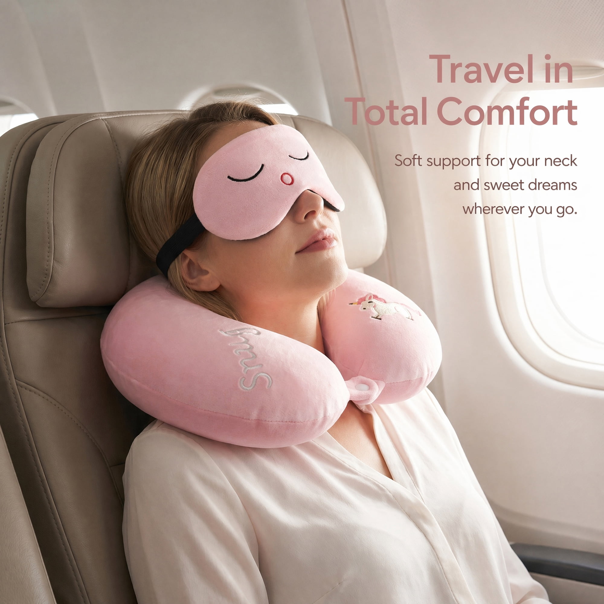 Unique Bargains Memory Foam Neck Pillow U Shape Neck Pillow with Eye Mask Pink 12"x12"