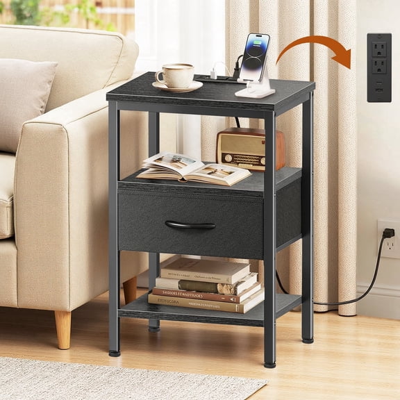 Atilioo Nightstand with Charging Station, Adjustable Fabric Drawer Bedside Table, 3-Tier Storage End Table for Living Room Bedroom, Black