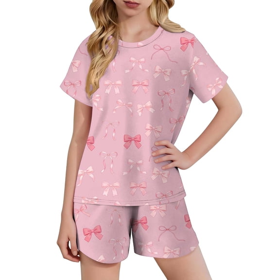 CYRBOKO Girls Outfit Sets, Summer Casual Elastic Waist Pullover Short Sleeve Loungewear Two-piece Sets Pink Size 7-8 T