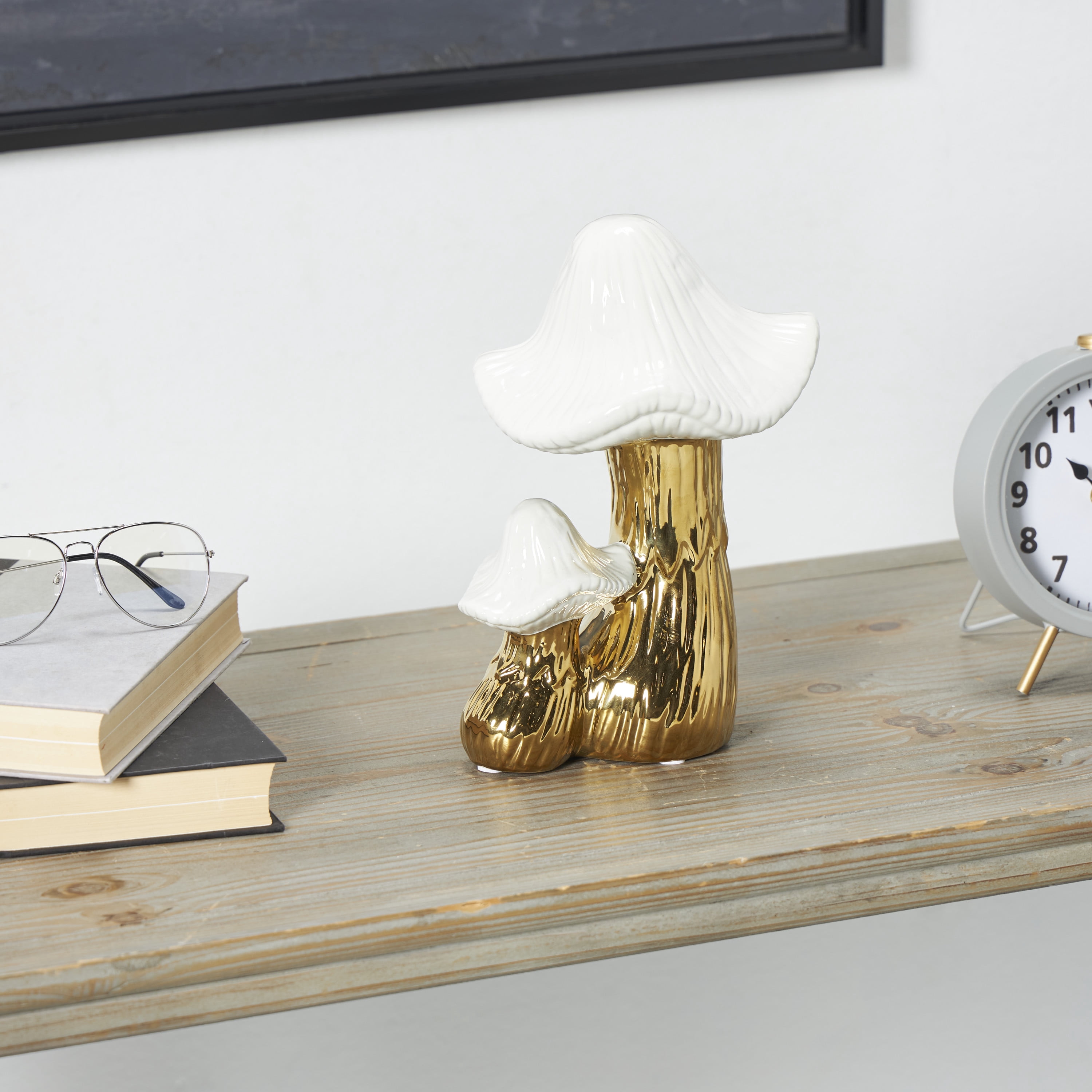 7" x 10" Gold Ceramic Mushroom Sculpture with White Tops and Textured Grooves, by DecMode