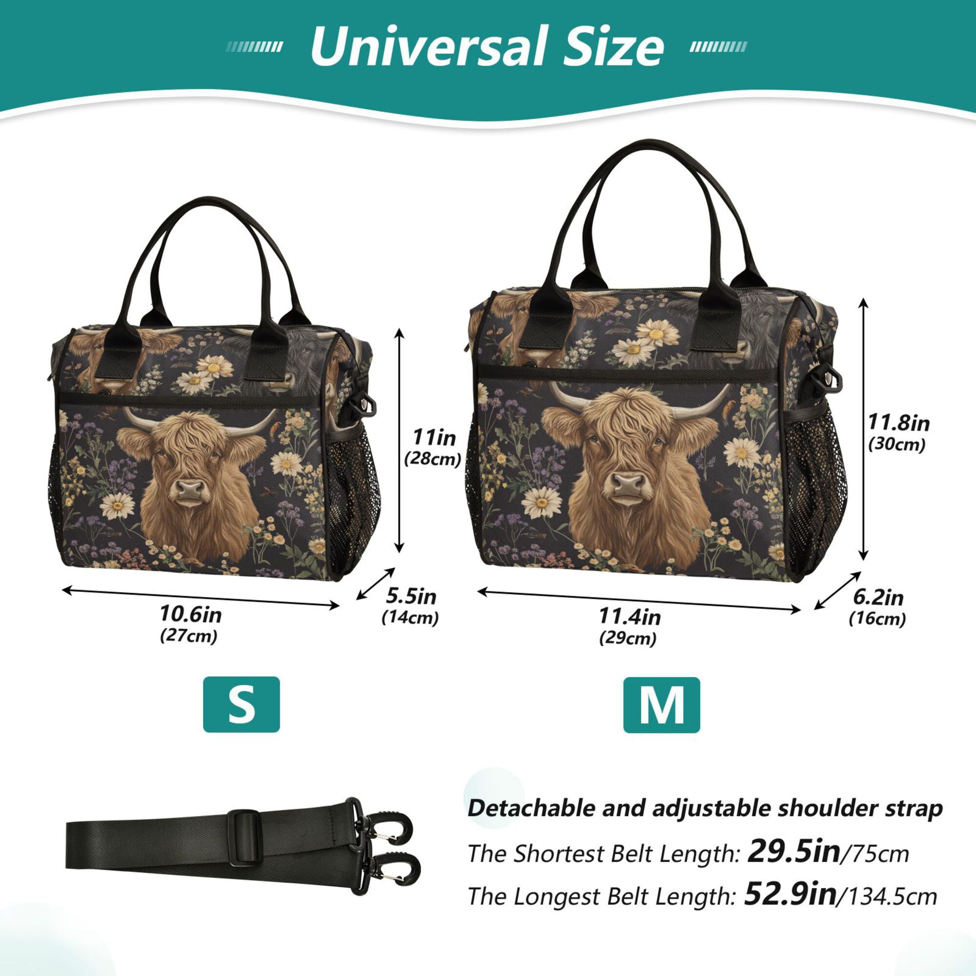 FORMRS Insulated Lunch Bag for Work School Unisex Large Capacity Cooler with Shoulder Strap, Cows and Flowers
