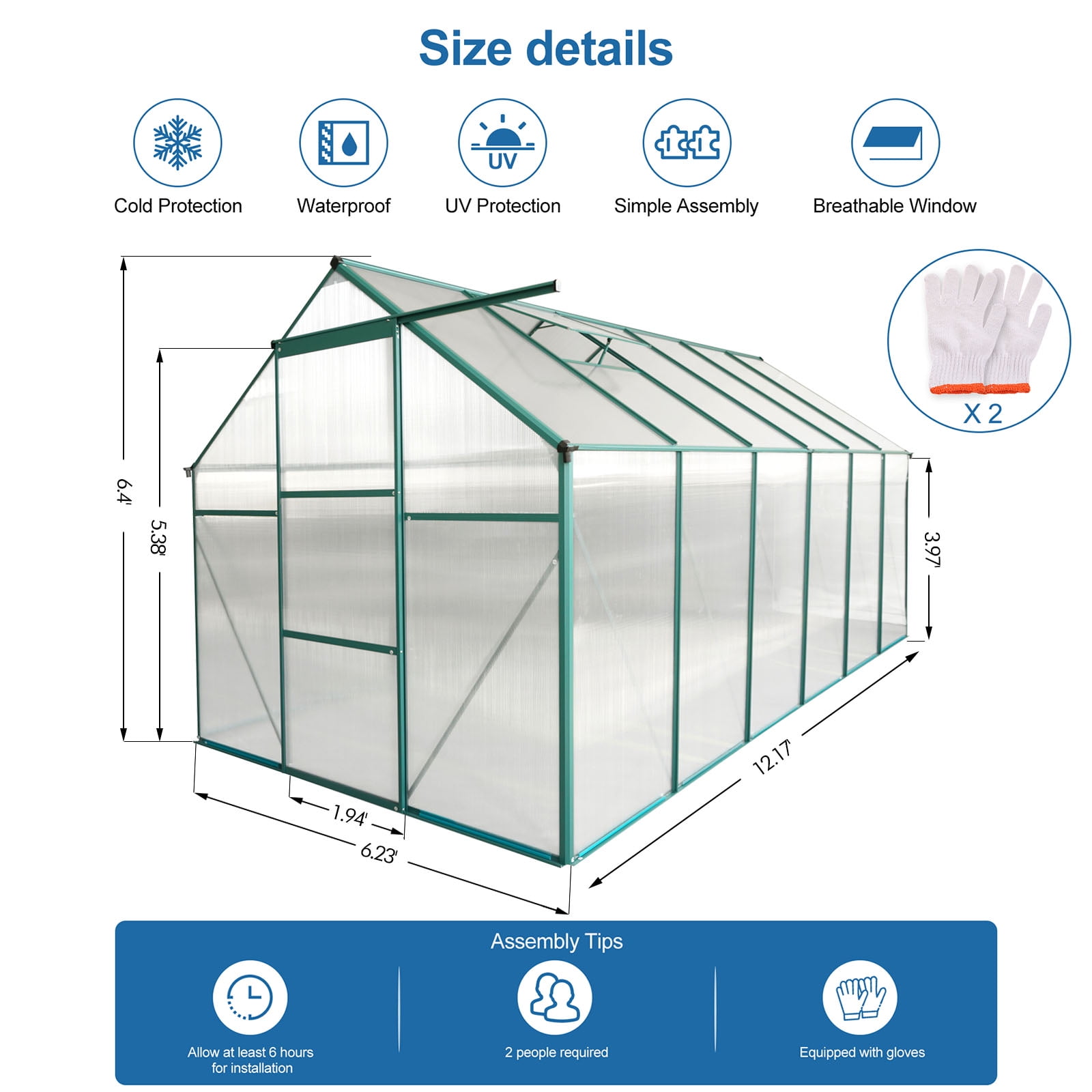 Witaxima 6x12 FT Polycarbonate Greenhouse with Raised Base, Aluminum Heavy Duty Walk-in Greenhouse for Outdoor Backyard, All Season Use, Green
