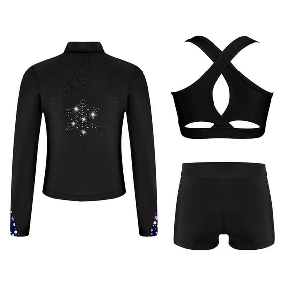 Miutii Kids Girls 3 Piece Dance Outfits Cross Back Crop Top and Shorts with Full Zipper Jacket Set Black 10