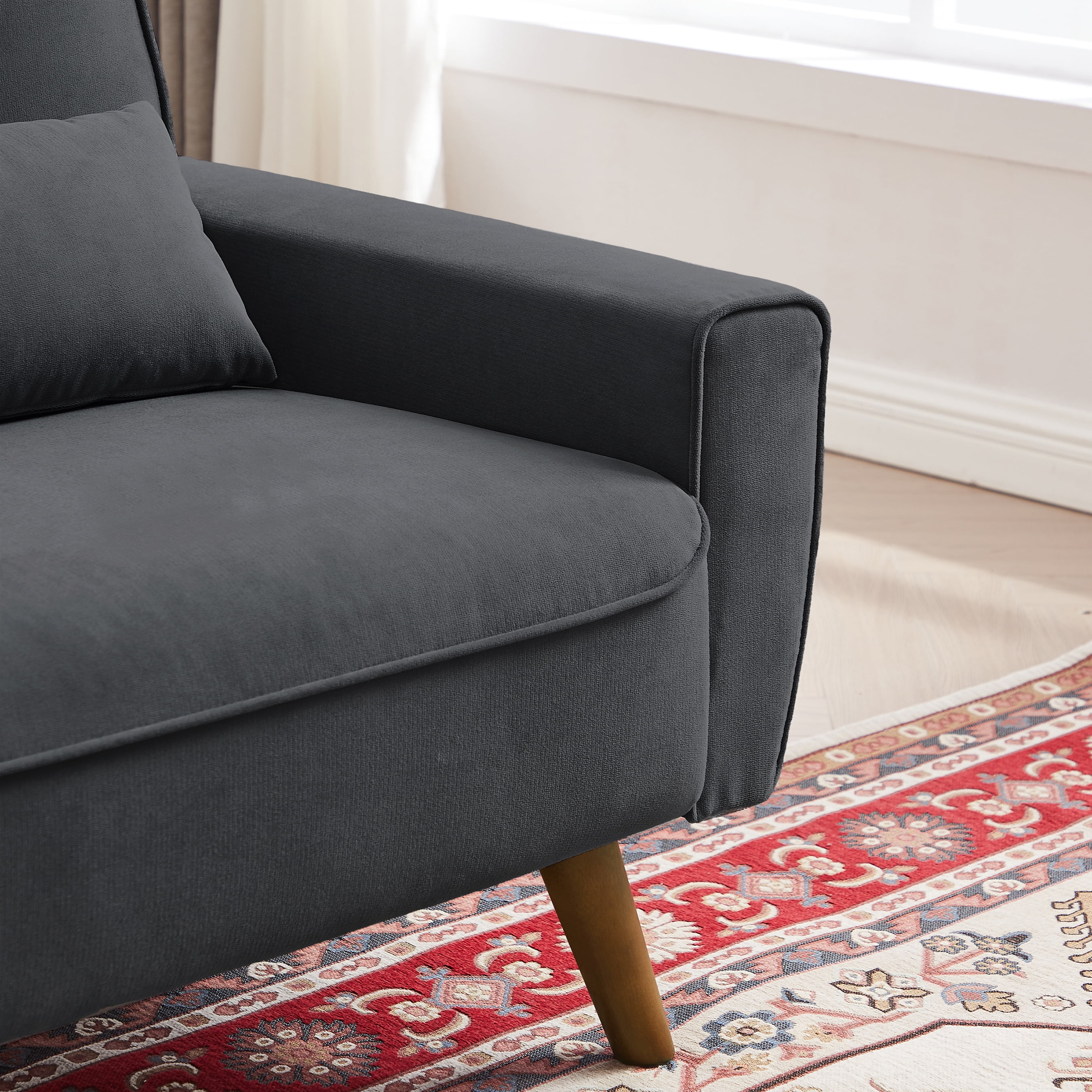Tornama Mid Century Modern Linen Fabric Tapered Wood Legs Loveseat, Dark Grey