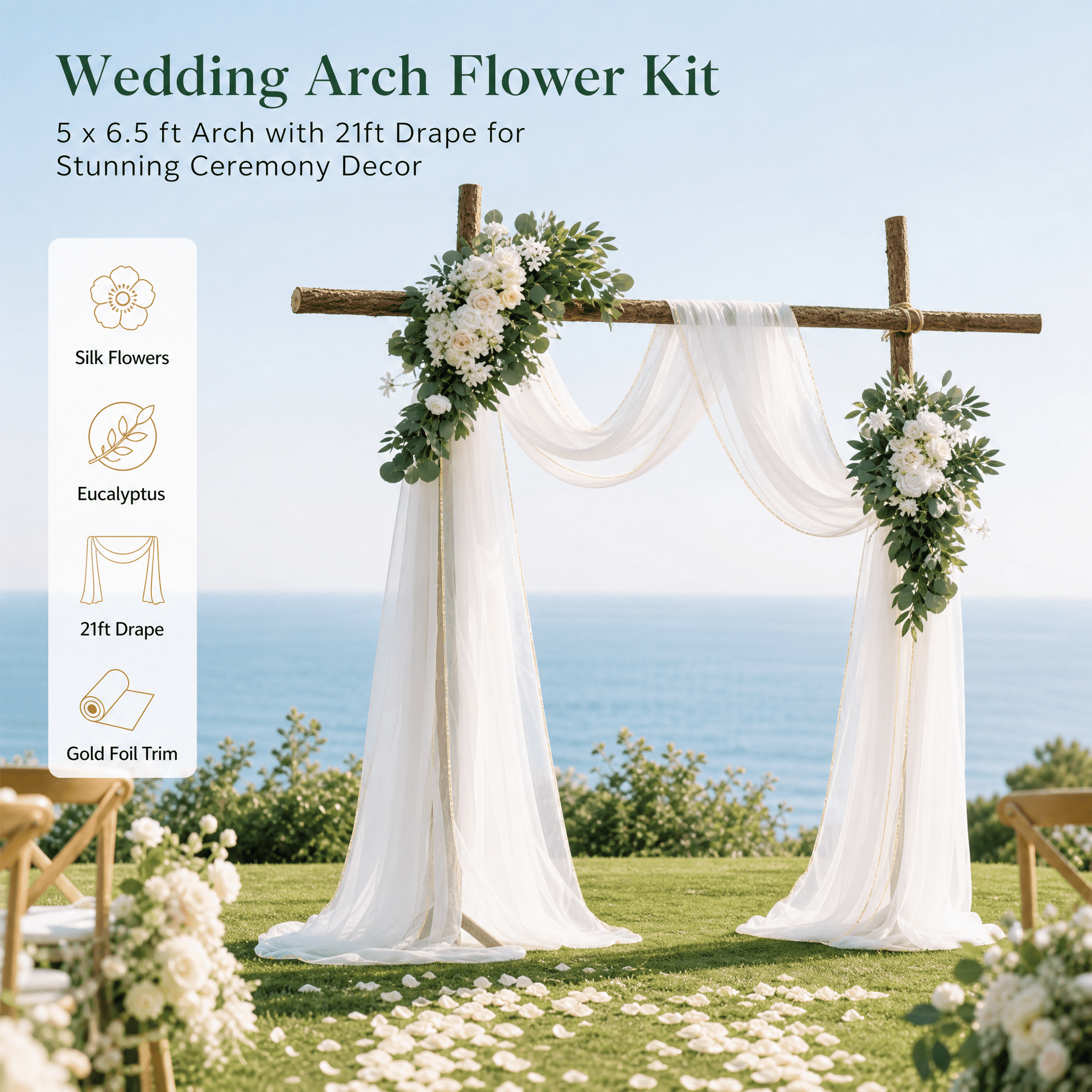 Wedding Arch Flower Kit 21ft Drape with Silk Flowers and Eucalyptus 5x6.5ft Arch Compatible Gold Foil Trim for Ceremony Decor