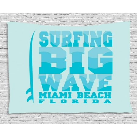 Florida Tapestry, Surfing Big Wave Miami Beach Calligraphy Text with an Upright Surfboard, Wall Hanging for Bedroom Living Room Dorm Decor, 60W X 40L Inches, Baby Blue Sky Blue, by