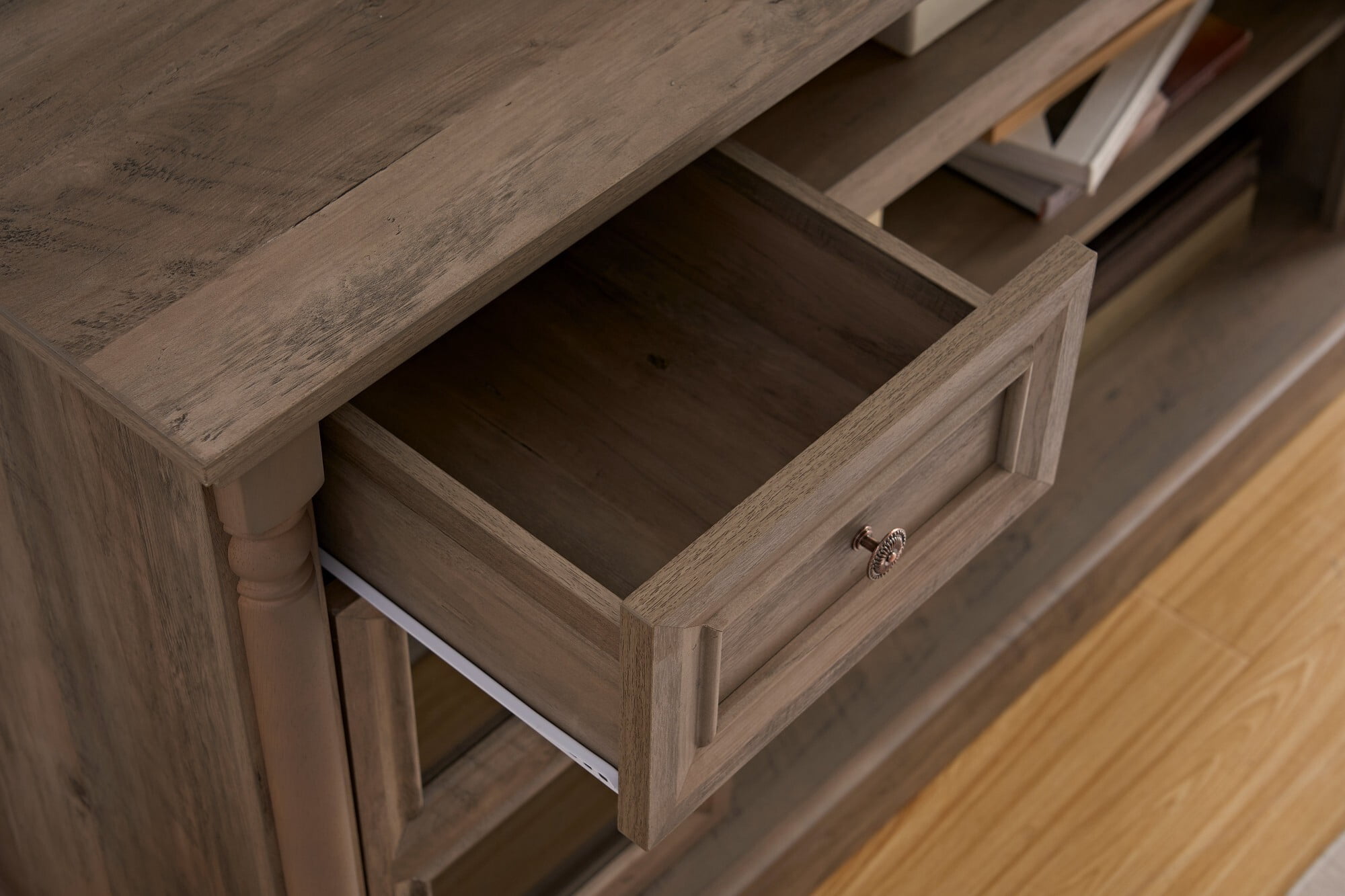 AENKYO 66" Farmhouse TV Stand with RGB LED Lights, Adjustable Shelves & Glass Doors for TVs up to 70in, Walnut