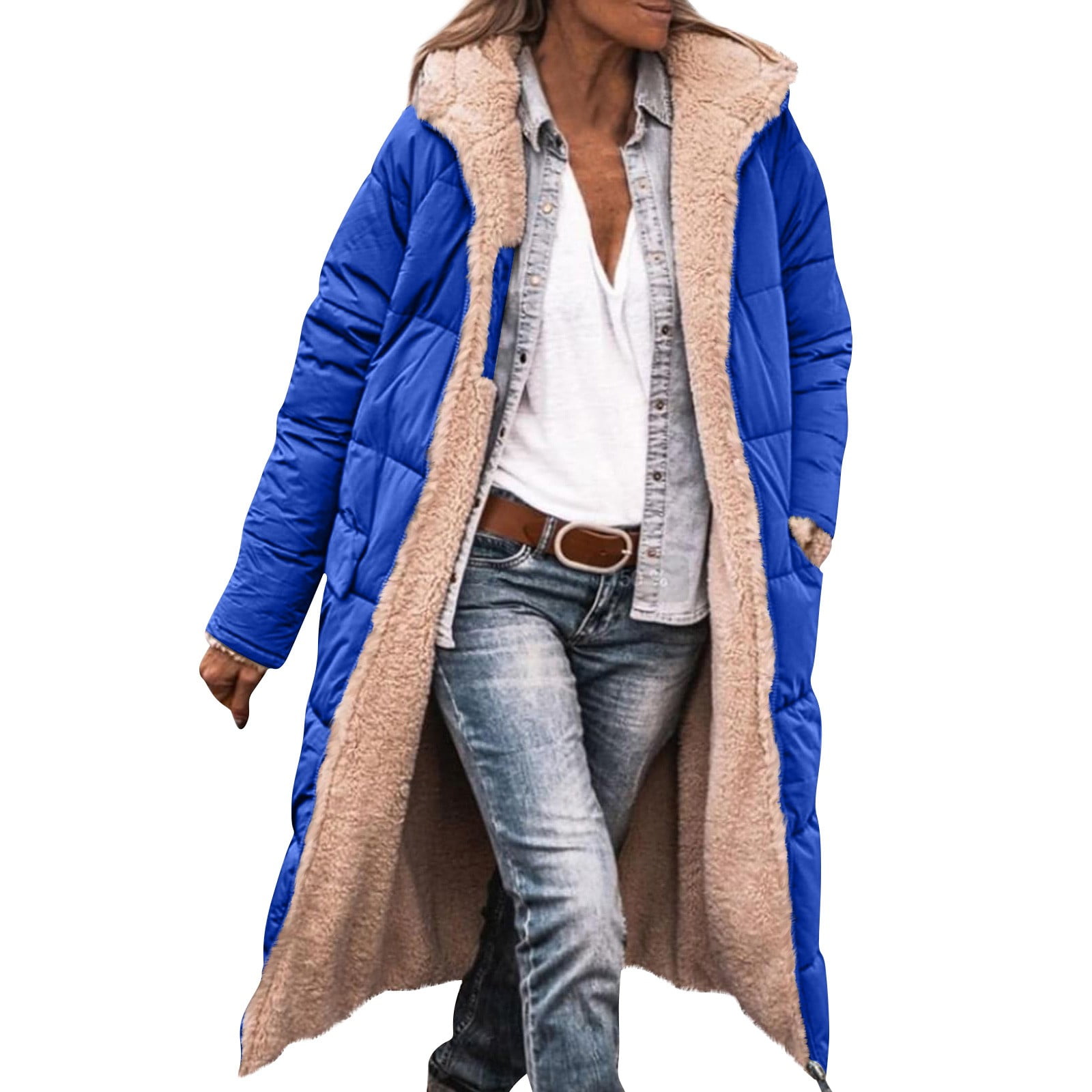 Fleece Jacket Women Long Puffer Coat Women Oversized Reversible Jackets Shearling Hooded Winter Fashion Coat Clothes Blue M