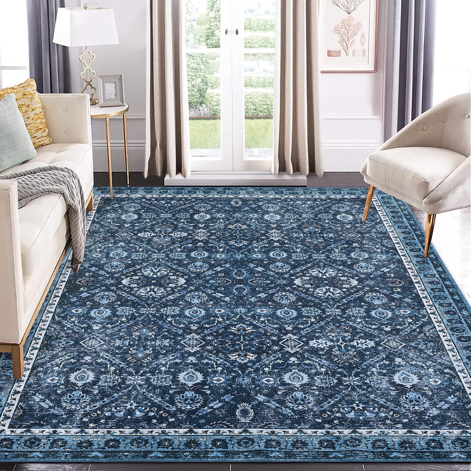 Garvee 8'x10' Area Rug, Washable Persian Rug Vintage Boho Carpet Non Slip Soft Print Rug for Bedroom Dining Room Living Room, Blue