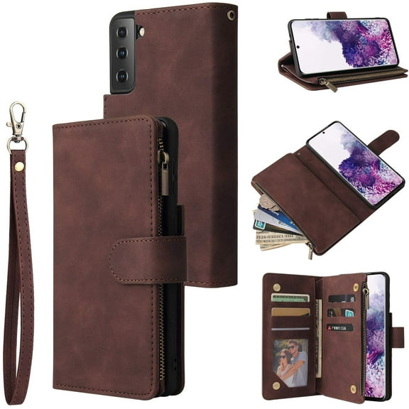 Wallet Case for Samsung Galaxy S21 Plus, Premium Vintage PU Leather Magnetic Closure Handbag Zipper Pocket Case Kickstand Card Holder Slots with Wrist Strap TPU Shockproof Flip Case - Coffee