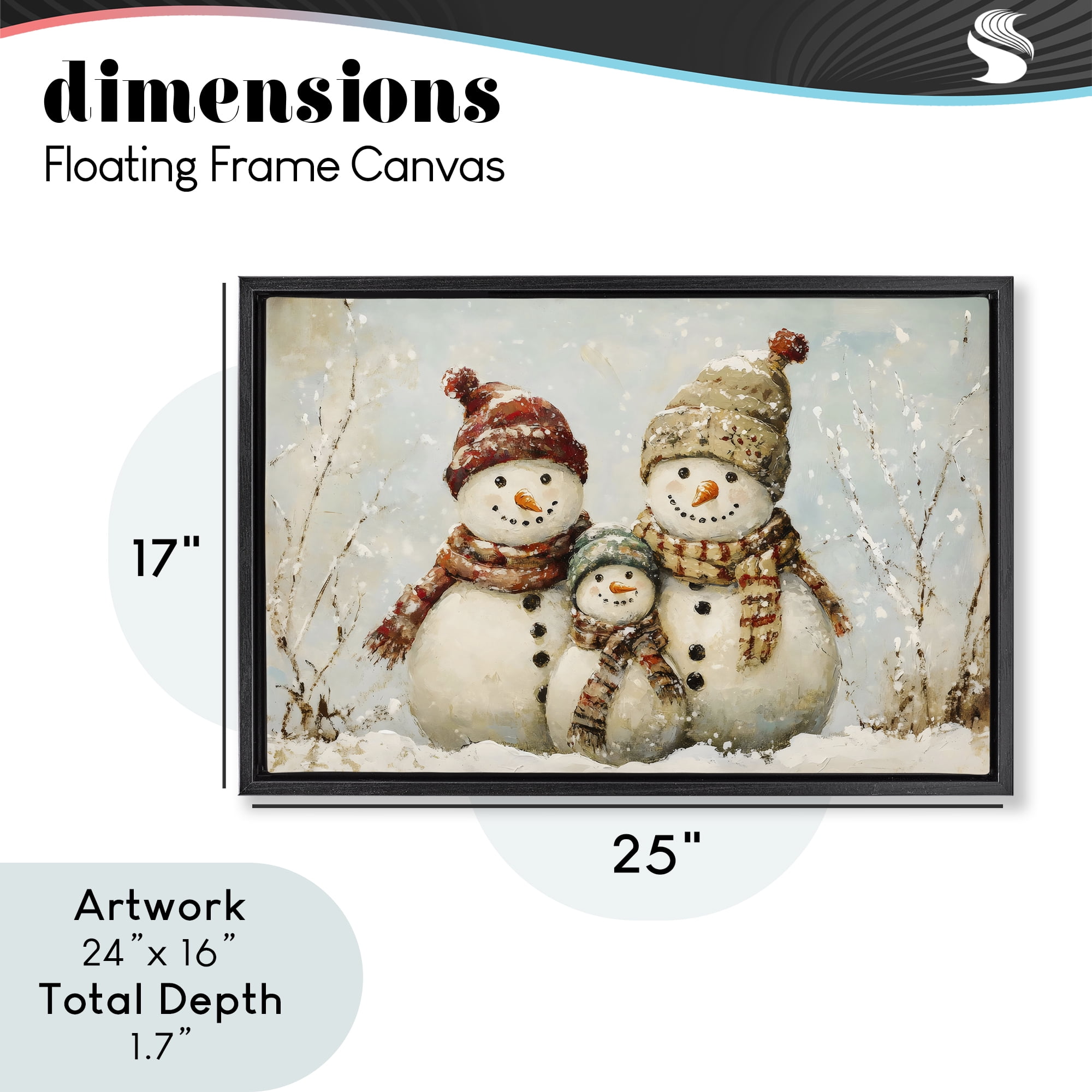 Snowman Family Of Three Black Framed Floater Canvas Wall Art, design by Petal Prints Design