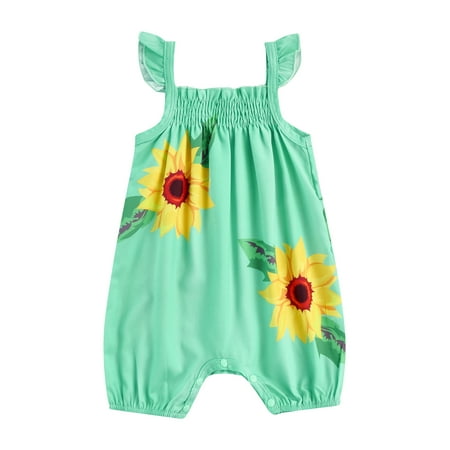 

Calsunbaby Newborn Baby Girls Summer Romper Infant Ruffle Sling Sunflower Ruched One-Piece Streetwear Snap Short Pants Jumpsuit