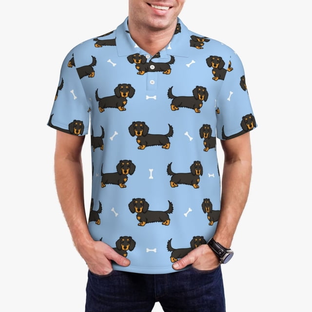 Fotbe Dachshund Dog Camiseta Polo de Golf para Hombre con Estampado – Camisa Deportiva Transpirable con Cuello Abotonado-Medium