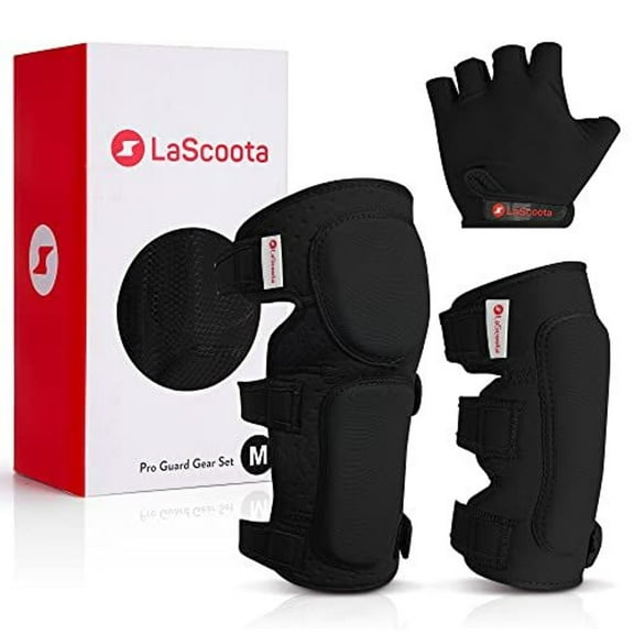 Lascoota Roller Skate Knee & Elbow Pads & Gloves Set - Medium, Black, 7-Piece - Kid Scooter & Kid Roller Skate Protective Gear - Skateboard Knee Pads