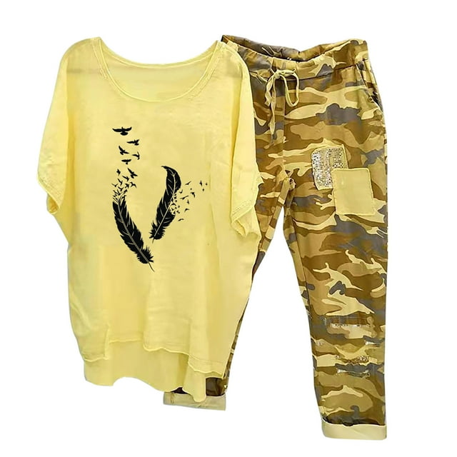 Ensembles d'Été pour Femmes 2023 Ensemble Imprimé Col Rond Manches Mi-Longues Pull + Pantalon Ensemble 2 Pcs en Solde