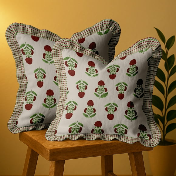 Vargottam Housses de Coussin Lot de 2 - 100 % Coton Sergé, Bord Froncé, Impression Double Face, 16 x 16 Pouces Housses de Coussin Décoratives, Fermeture Éclair Cachée, Sans Remplissage - Imprimé Floral