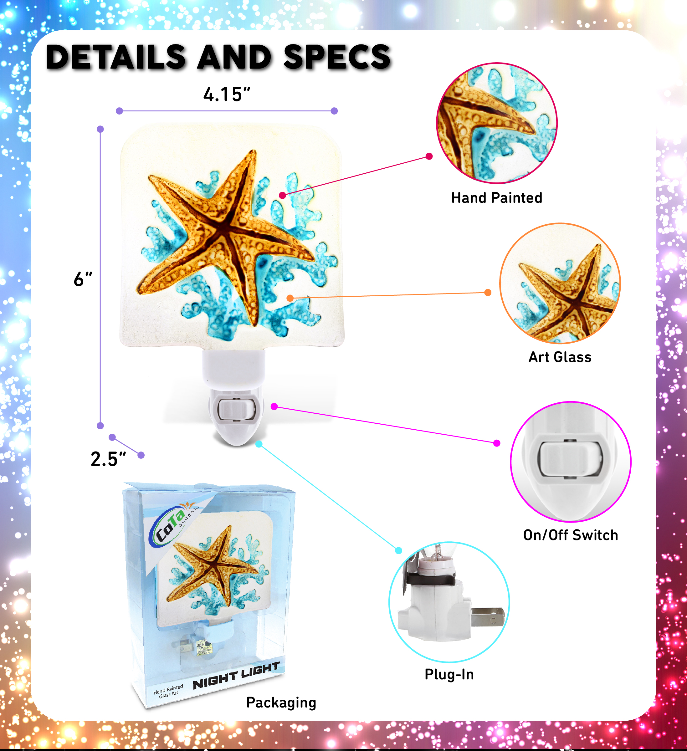 CoTa Global CoTa Global Sea Starfish Glass Plug In Night Light Energy Efficient LED Nightlight Wall Decorative Manual On Off Switch Incandescent Portable Lights for Stairways Bedroom Kitchen Hallways