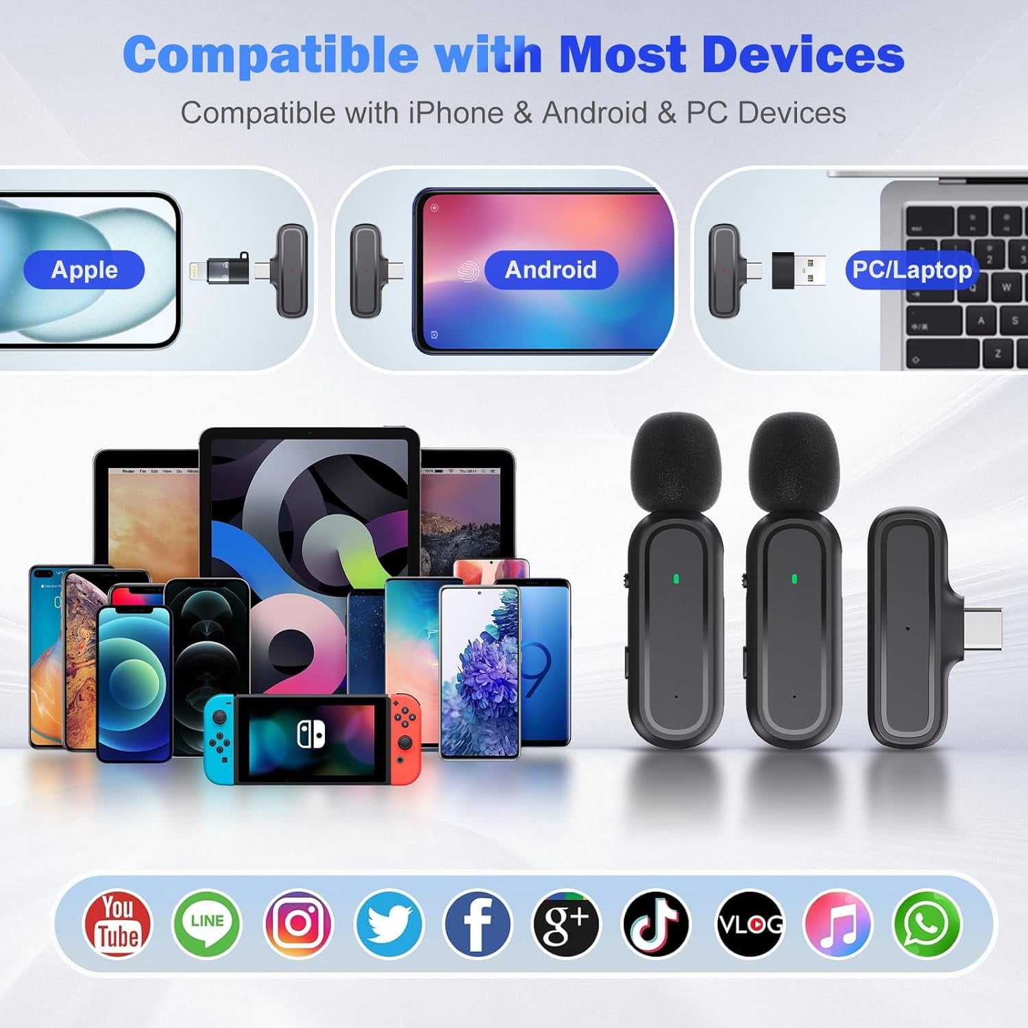 1 Pcs Wireless Lavalier Microphone for iPhone iPad Android PC, Mini Mic with Charging Case, 8H Battery, 65ft Range, USB-C, Clip-On Noise Reduction Mics for Vlogging, TikTok, YouTube, Video Recording