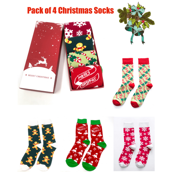 Pack of 4 Pairs Teen Girl, Women's Christmas Crew Socks with Gift Box Package ( 5.5-7)