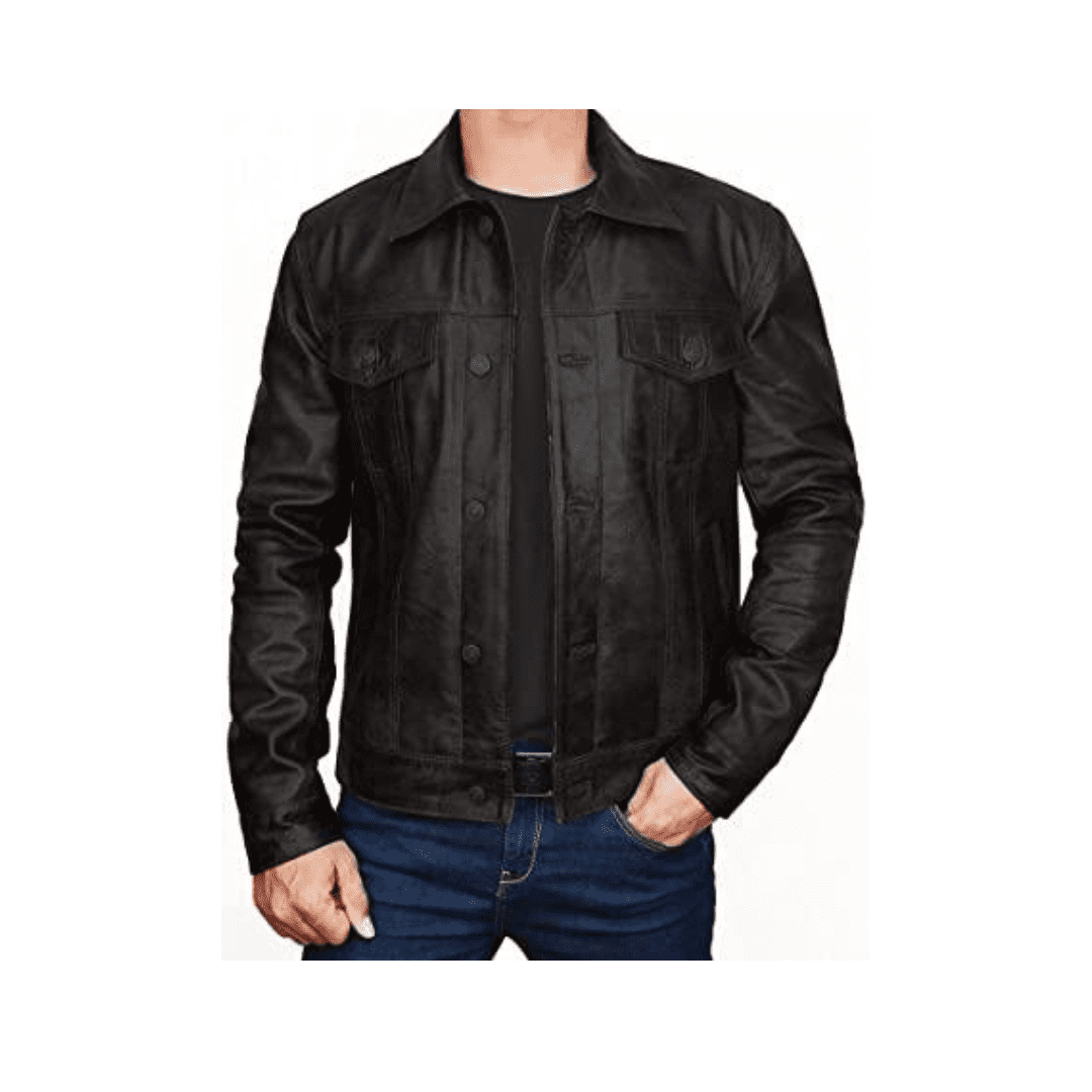 Veste de Moto en Cuir Noir Trucker avec Fermeture à Bouton Veste - Main Image
