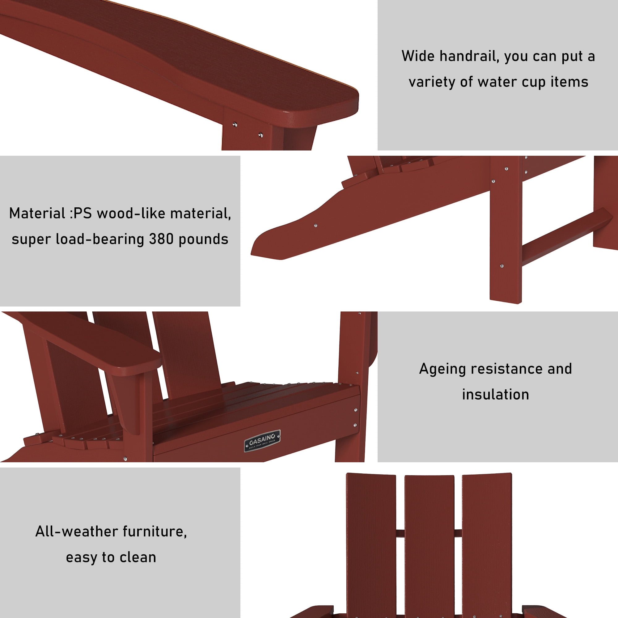 CASAINC Modern Red 3-Pack 4.7 inch W Arm Outdoor Patio Folding Wood Adirondack Chair