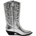 thumbnail image 3 of Ring- Women's Cowboy / Cowgirl Pull On Western Stacked Heel Mid Calf Almond Pointed Toe Boots (Silver, 9), 3 of 7