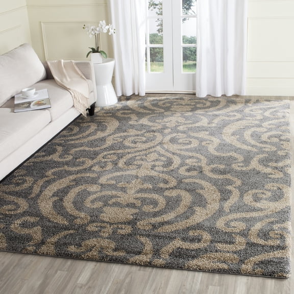 SAFAVIEH Florida Deangelo Damask Plush Shag Area Rug, Grey/Beige, 8' x 10'