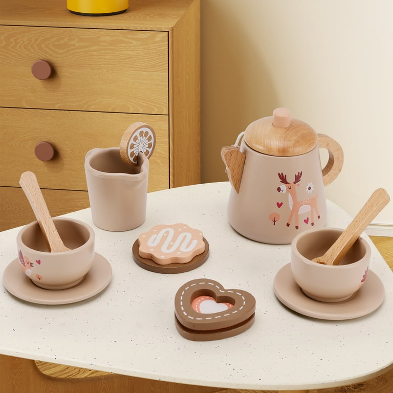 Tea Party Set, Wooden Tea Set, Play Kitchen Accessories Toy Tea
