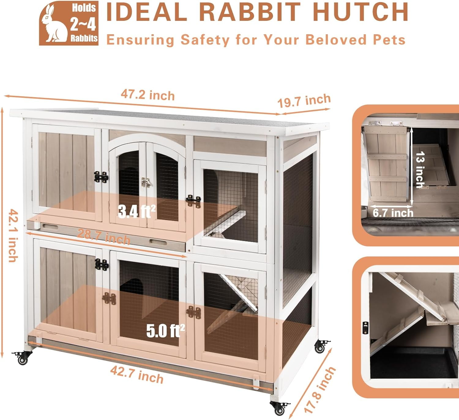 PETSCOSSET 47"L Rabbit Hutch Indoor Wooden 2 Story Rabbit Large Bunny Hutch Outdoor Bunny Cage on Wheels
