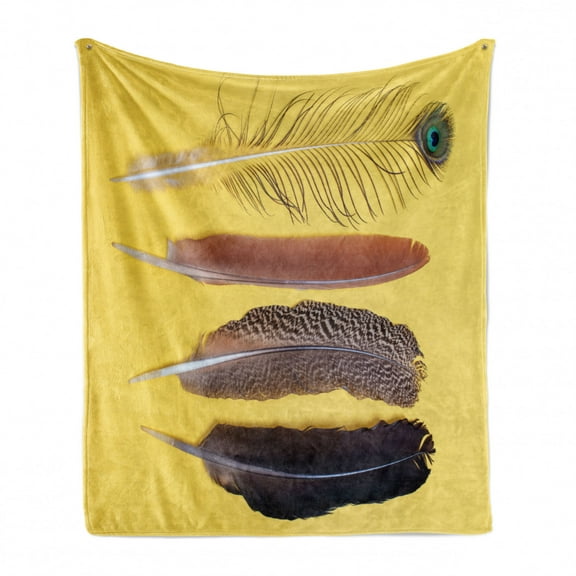 Feather Soft Flannel Fleece Throw Blanket, Composition of 3 Hipster Boho Style Fluff Exotic Animal Wings Print, Cozy Plush for Indoor and Outdoor Use, 50" x 70", Mustard and Multicolor, by Ambesonne