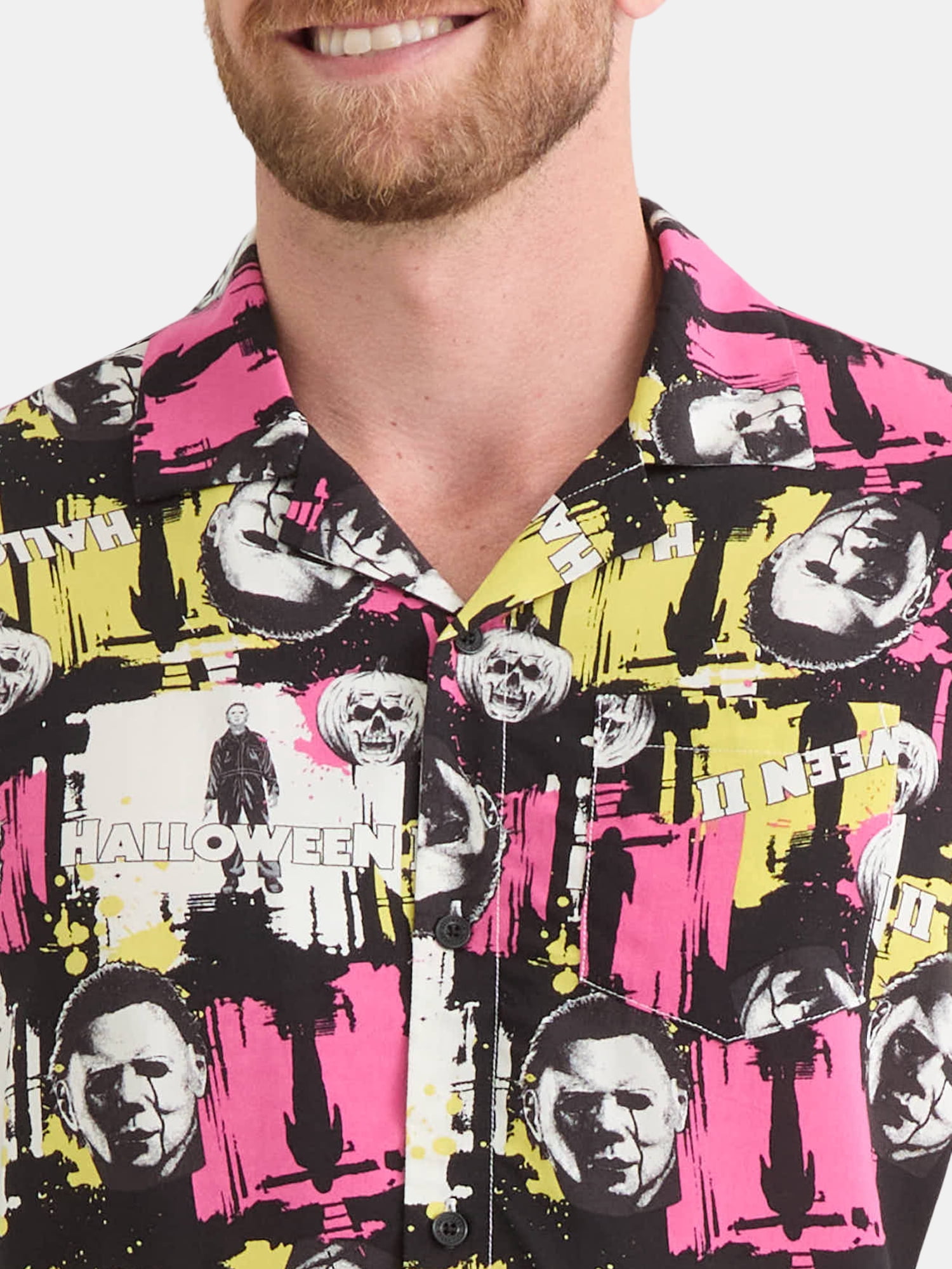 Halloween 2 Men's and Big Men's Print Button-Up Shirt with Short Sleeves, Sizes XS-3XL