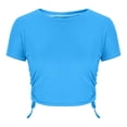 thumbnail image 7 of CQONEPT Womens Crop Tops Casual Round Neck Short Sleeve Drawstring Shirts Side Slim Fit Stretchy Tunic Tee Blue S, 7 of 7