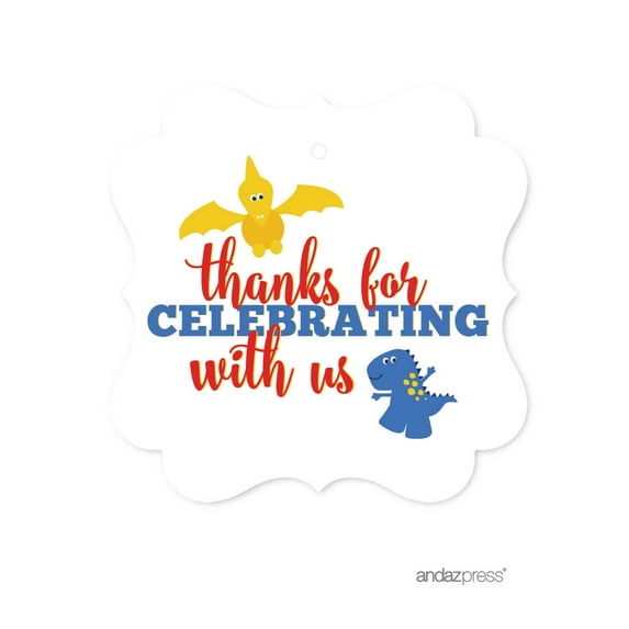 Birthday Fancy Frame Party Favor Gift Tags, Thanks for Celebrating With Us!, RBY Dinosaur Party, 24-Pack