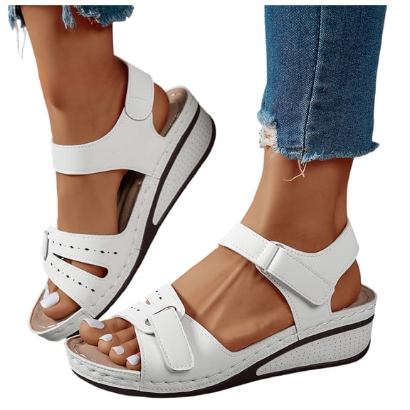 Orthopedic Sandals for Women Comfortable Low Wedges Breathable Footbed Arch Support Walking Shoes with Adjustable Strap White Size 9
