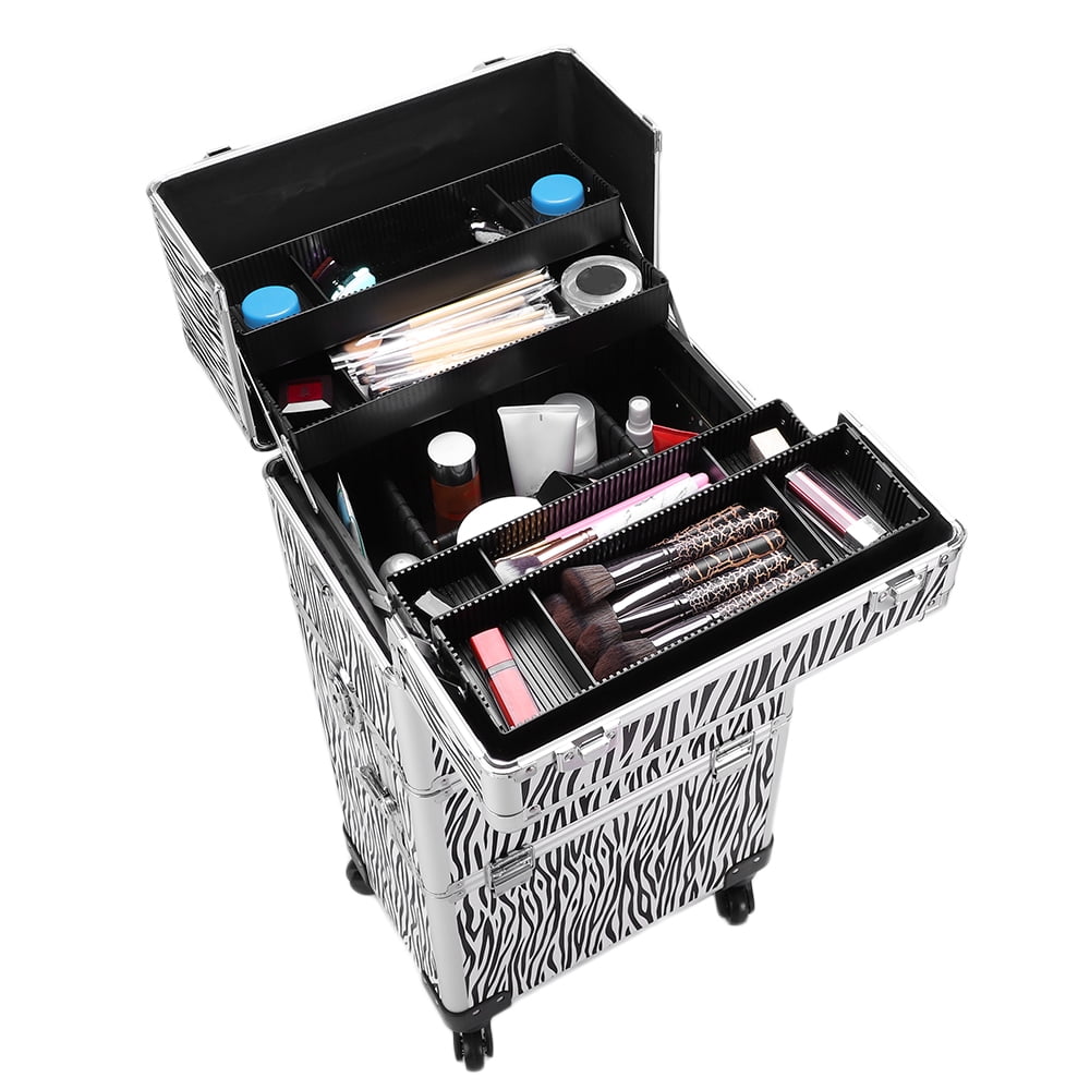3 in 1 Professional Rolling Trolley Makeup Train Case, 14" x 9.5" x 28