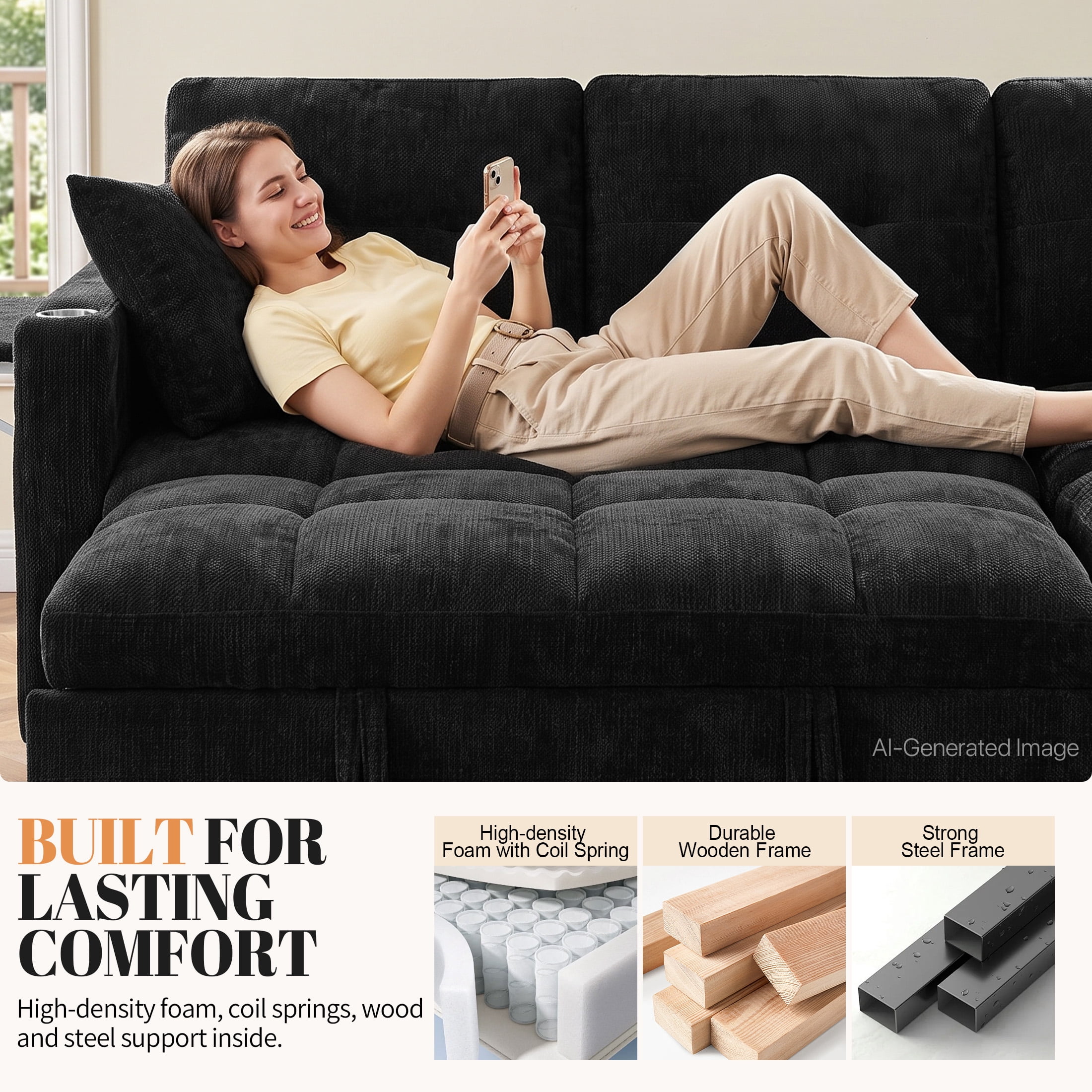 Aukfa 81" L Shape Sleeper Sectional Sofa Bed, Chenille Convertible Couch with Storage Chaise, Side Table & USB/Type-C Ports,Black