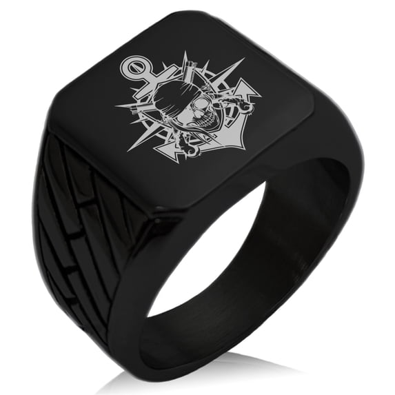 Stainless Steel Pirate Bandit Skull Anchor Geometric Pattern Biker Style Polished Ring