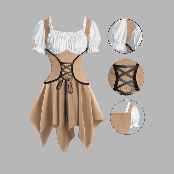 LEKWK Renaissance Dress for Women Lace Up Corset Ruffle Square Neck Mini Dress Puff Short Sleeve Halloween Costume Peasant Dresses