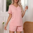 thumbnail image 3 of Siilsaa Pajamas Set Womens Short Sleeve V Neck Tee Top and Shorts Sleepwear 2 Piece PJ Sets Pink,L, 3 of 4
