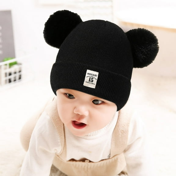 Bomber Hats AURORADY Kids Winter Pompom Hat Knitted Ski Hat Double Pom Cap for Girls Boys, Knit Slouchy Beanie Black